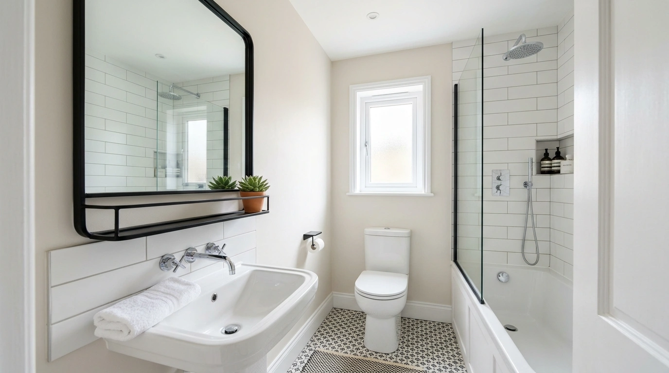 A bathroom featuring white walls and a stylish black and white tiled floor.