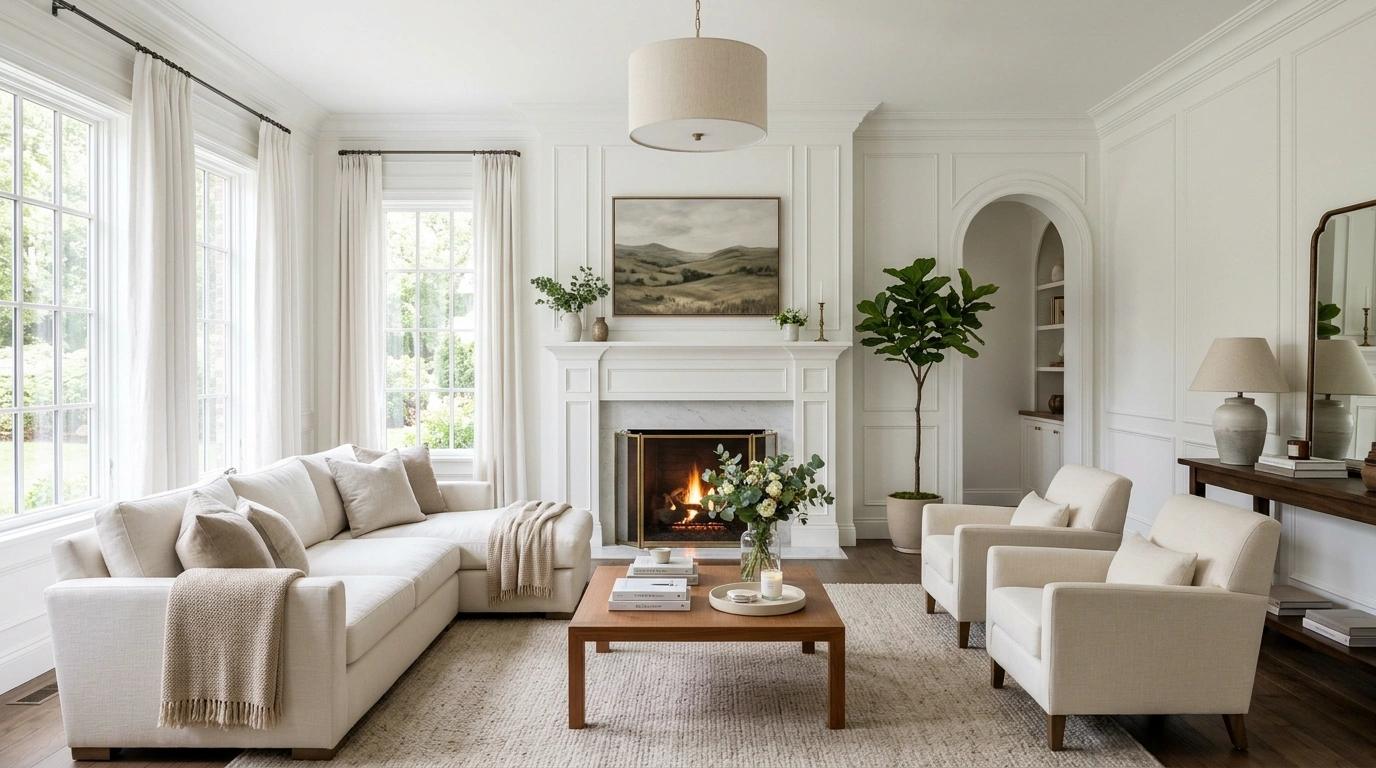 A cozy living room featuring white furniture and a warm fireplace, creating an inviting atmosphere.