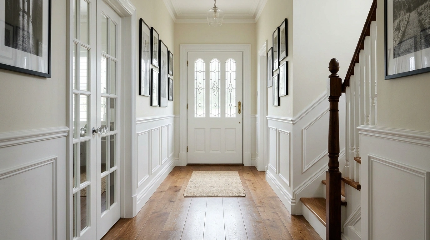 hallway decor Hallways and Open Floor Plans Benjamin Moore Alabaster