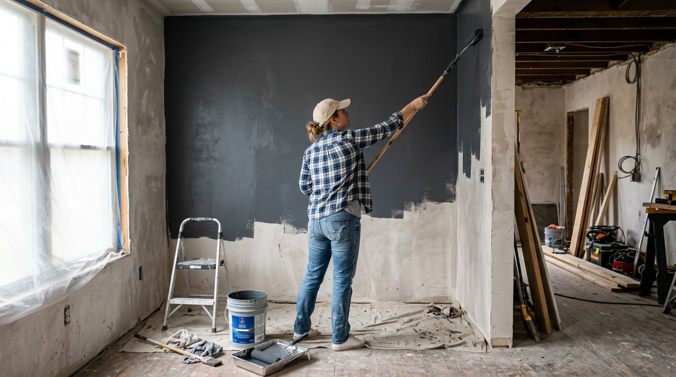 A man painting a room with a black wall, focused on applying paint with a roller